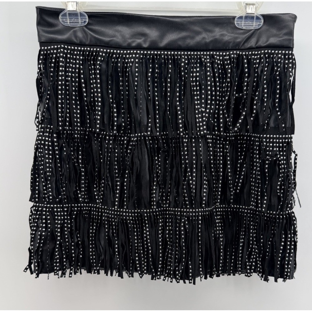 Baevely Black Faux Leather Tiered Embellished Mini Skirt Women's M